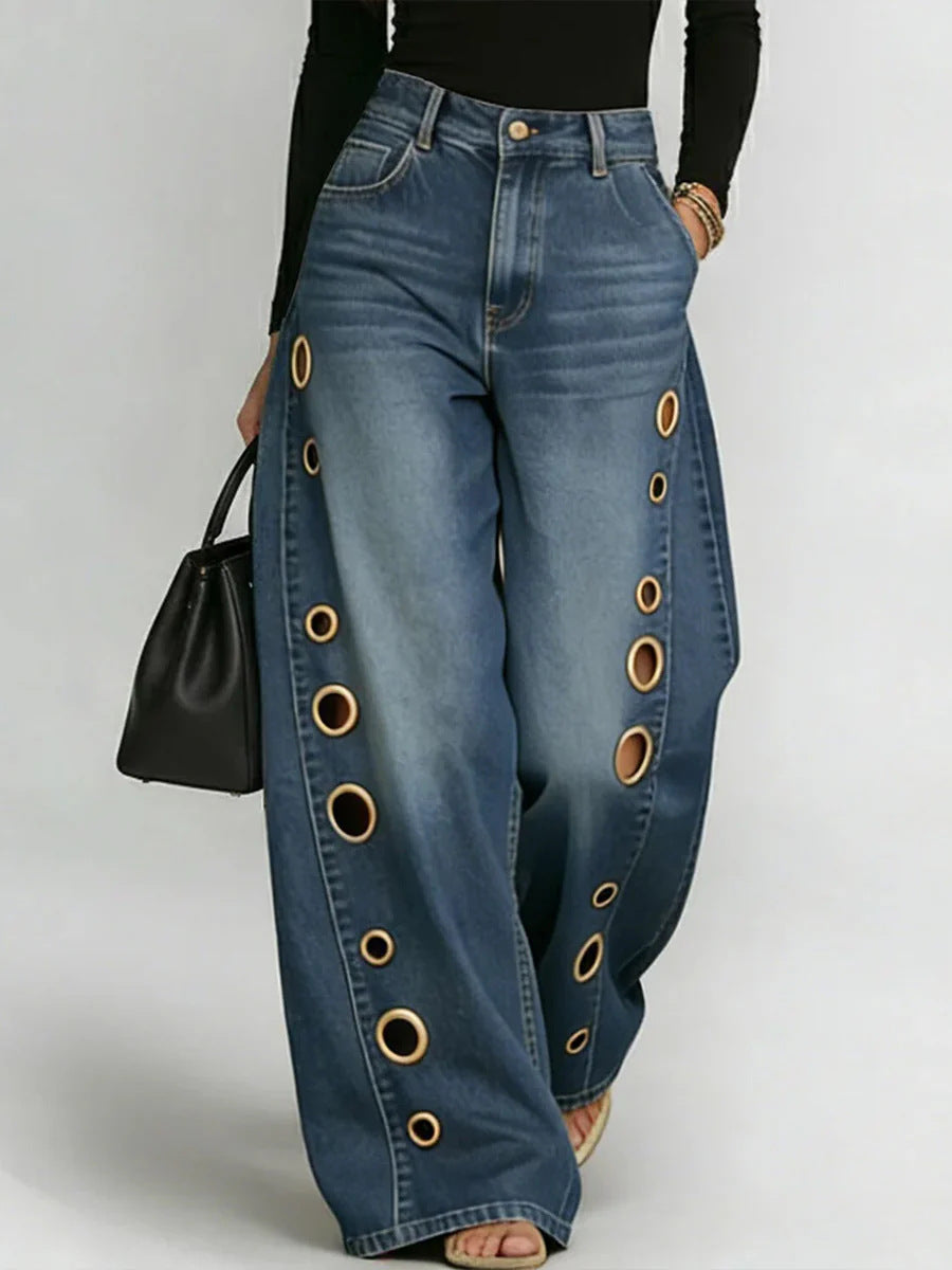 High-Waisted Eyelet Wide-Leg Jeans