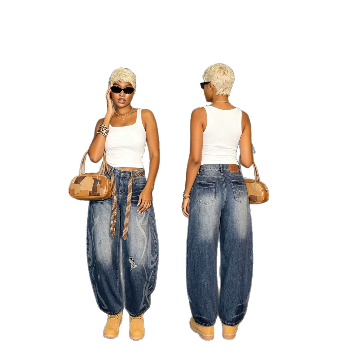 Distressed Curved-Leg Denim Jeans