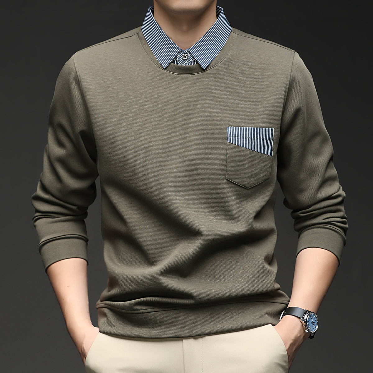 Faux-Layer Collared Sweatshirt
