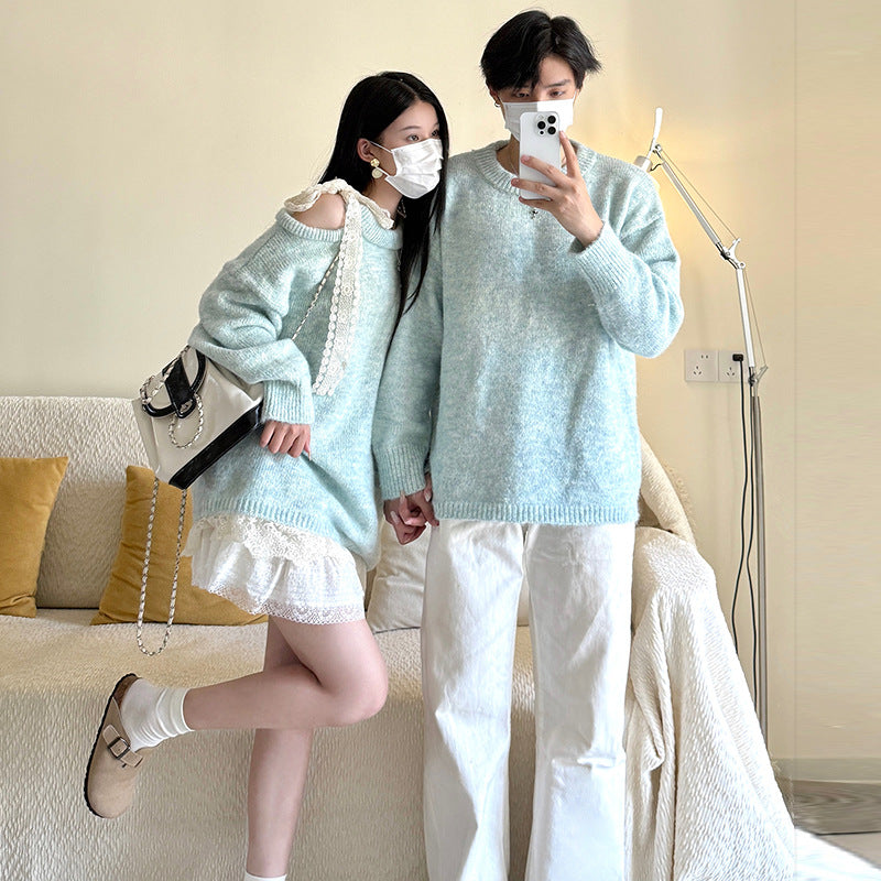Couple Outfits Autumn New Korean Version Lazy Knitwear Off-Shoulder Long Sleeve Women's Top Men's Round Neck Pullover Sweater