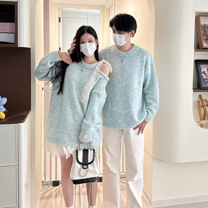 Couple Outfits Autumn New Korean Version Lazy Knitwear Off-Shoulder Long Sleeve Women's Top Men's Round Neck Pullover Sweater