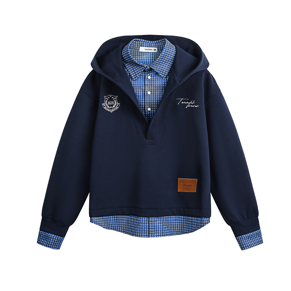 Appliqué Plaid Hooded Sweatshirt