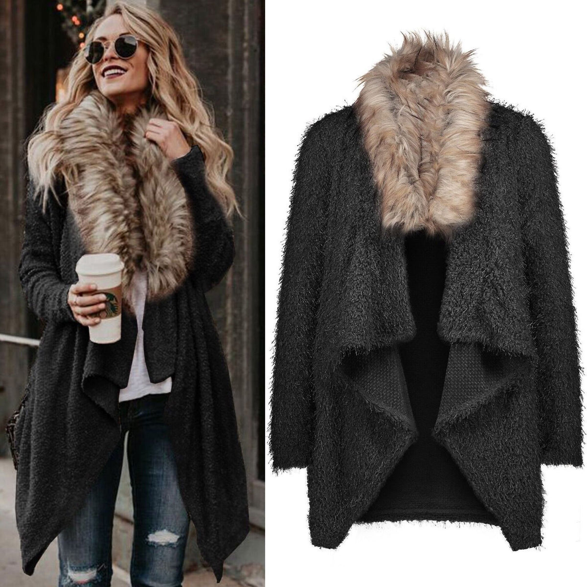 Big-Collar Plush-Lined Cardigan Coat
