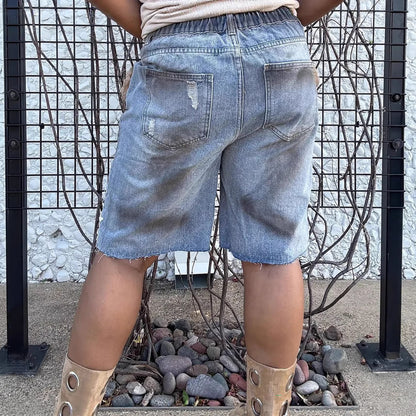Floral Detail Distressed Denim Shorts