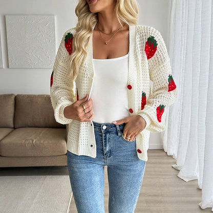 Strawberry-Jacquard V-Neck Cardigan