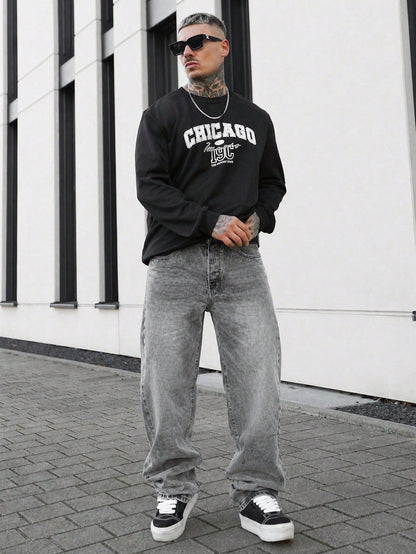 Distressed Grey Straight-Leg Jeans