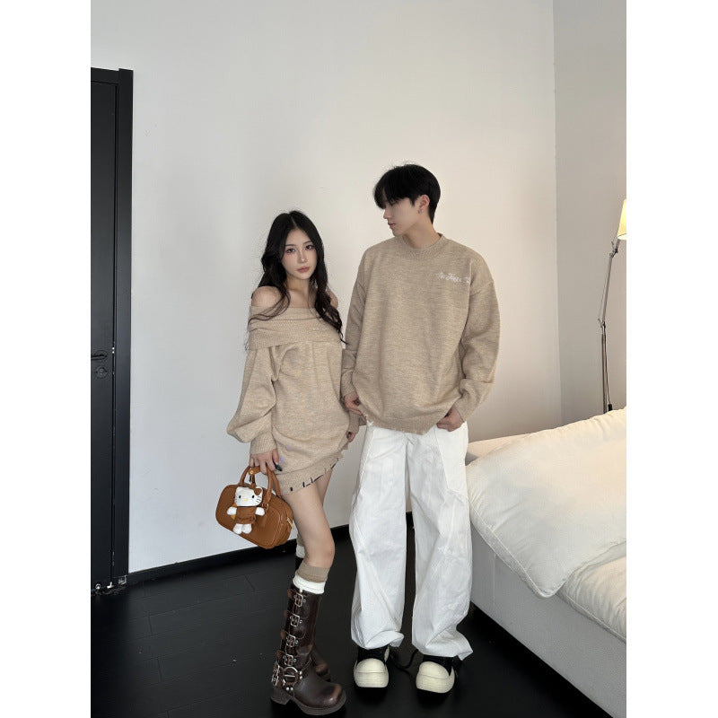 Casual Couple Outfits Autumn Winter Cozy Style Unique Design Women's One-Shoulder Sleeveless Knit Dress Men's Sweater