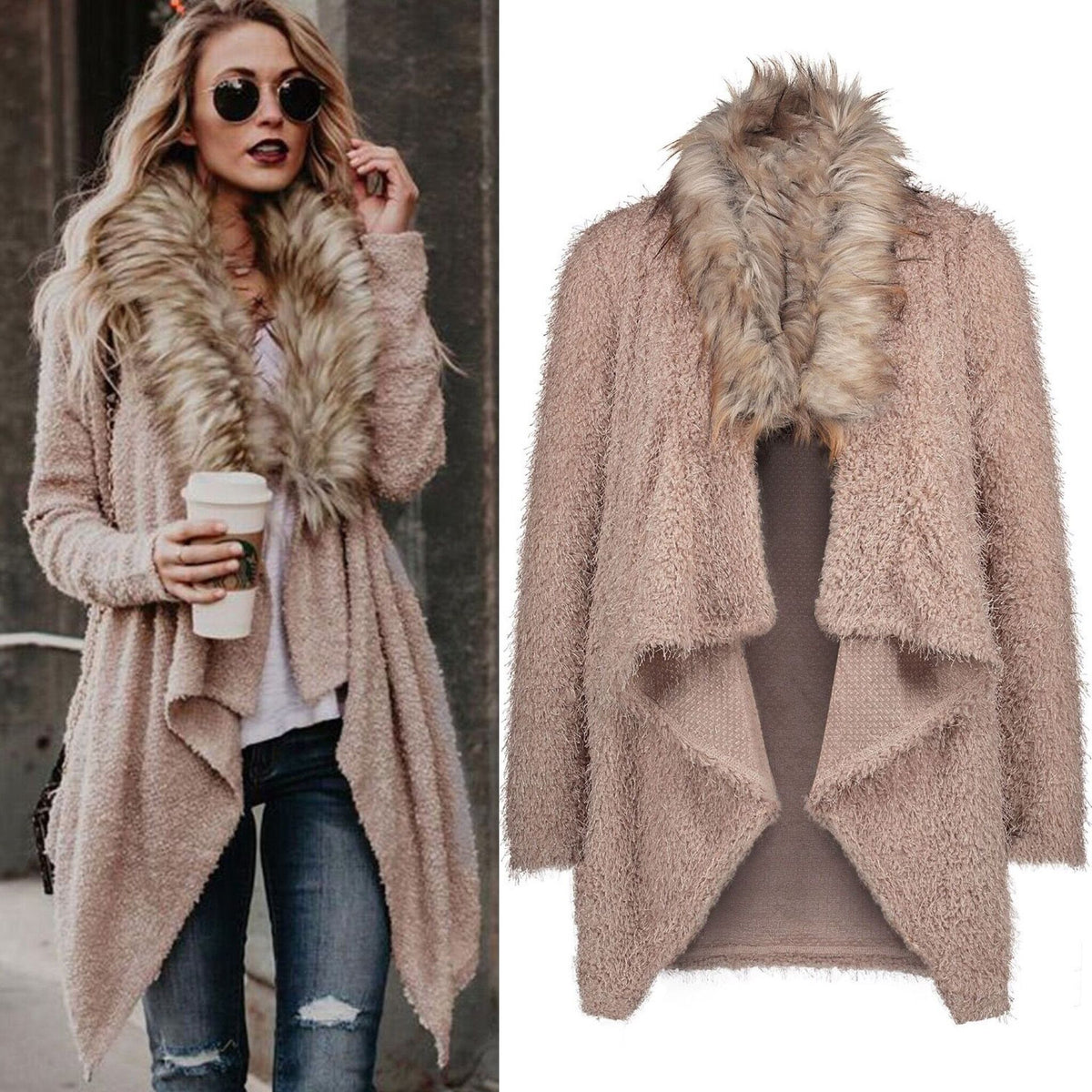Big-Collar Plush-Lined Cardigan Coat