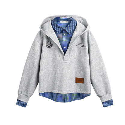 Appliqué Plaid Hooded Sweatshirt