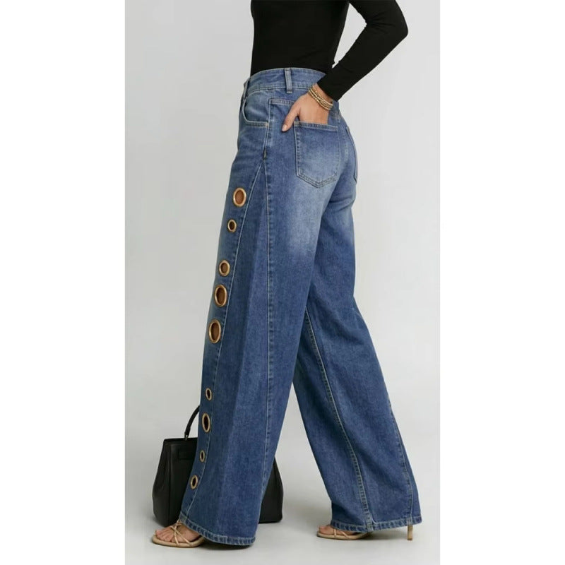 High-Waisted Eyelet Wide-Leg Jeans
