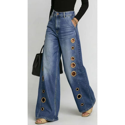 High-Waisted Eyelet Wide-Leg Jeans