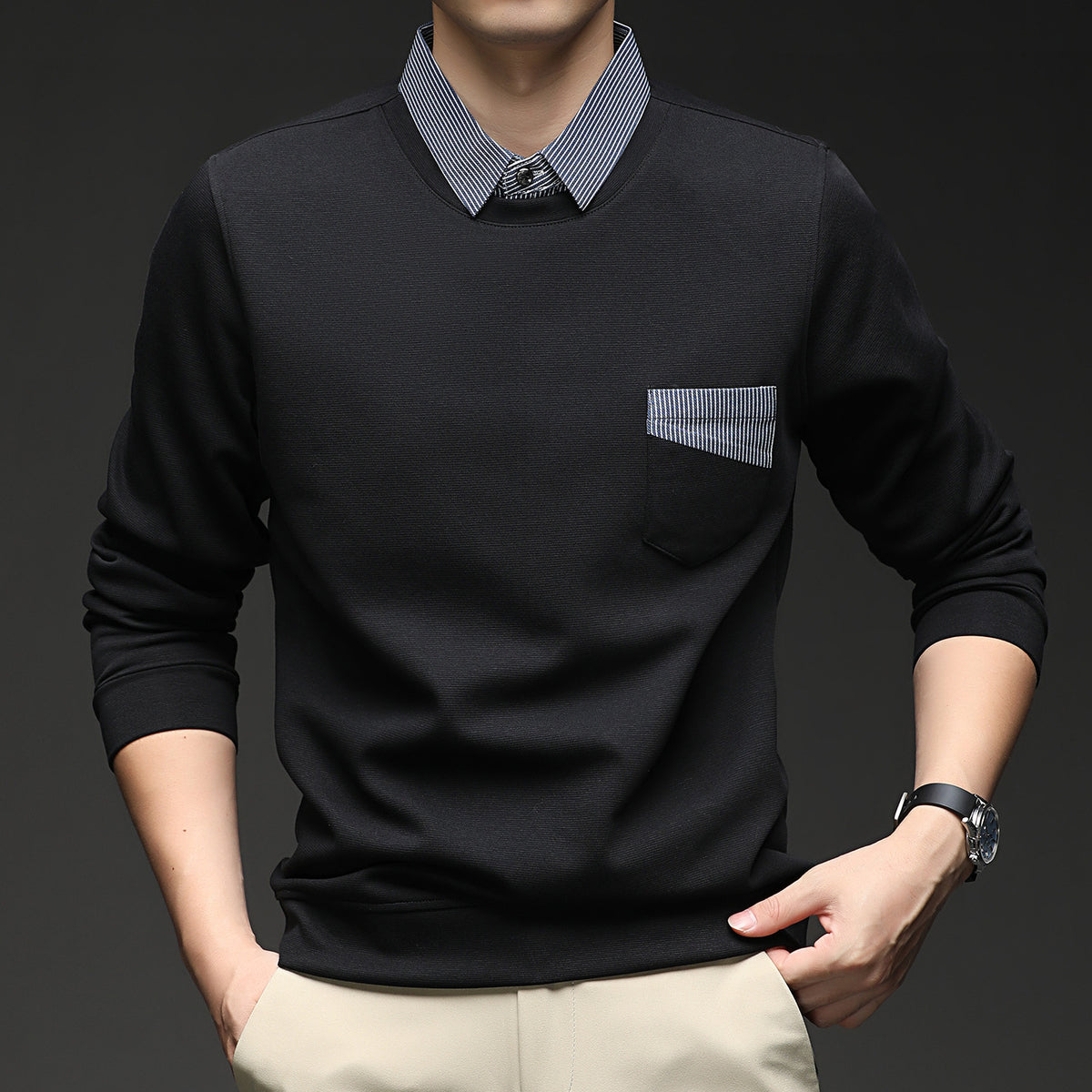 Faux-Layer Collared Sweatshirt