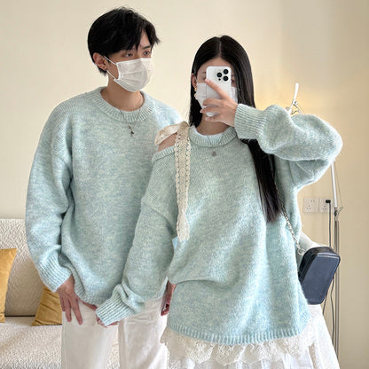 Couple Outfits Autumn New Korean Version Lazy Knitwear Off-Shoulder Long Sleeve Women's Top Men's Round Neck Pullover Sweater
