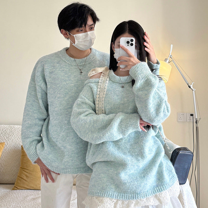 Couple Outfits Autumn New Korean Version Lazy Knitwear Off-Shoulder Long Sleeve Women's Top Men's Round Neck Pullover Sweater