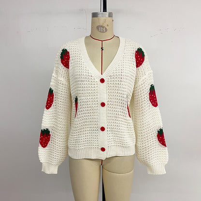 Strawberry-Jacquard V-Neck Cardigan
