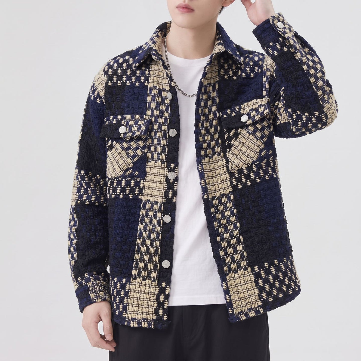 Chemise homme en maille à carreaux boutonnée