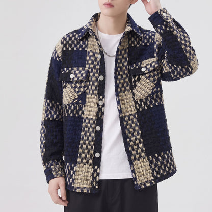 Chemise homme en maille à carreaux boutonnée