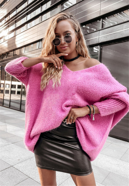 Off-Shoulder Bat-Sleeve Knit Sweater