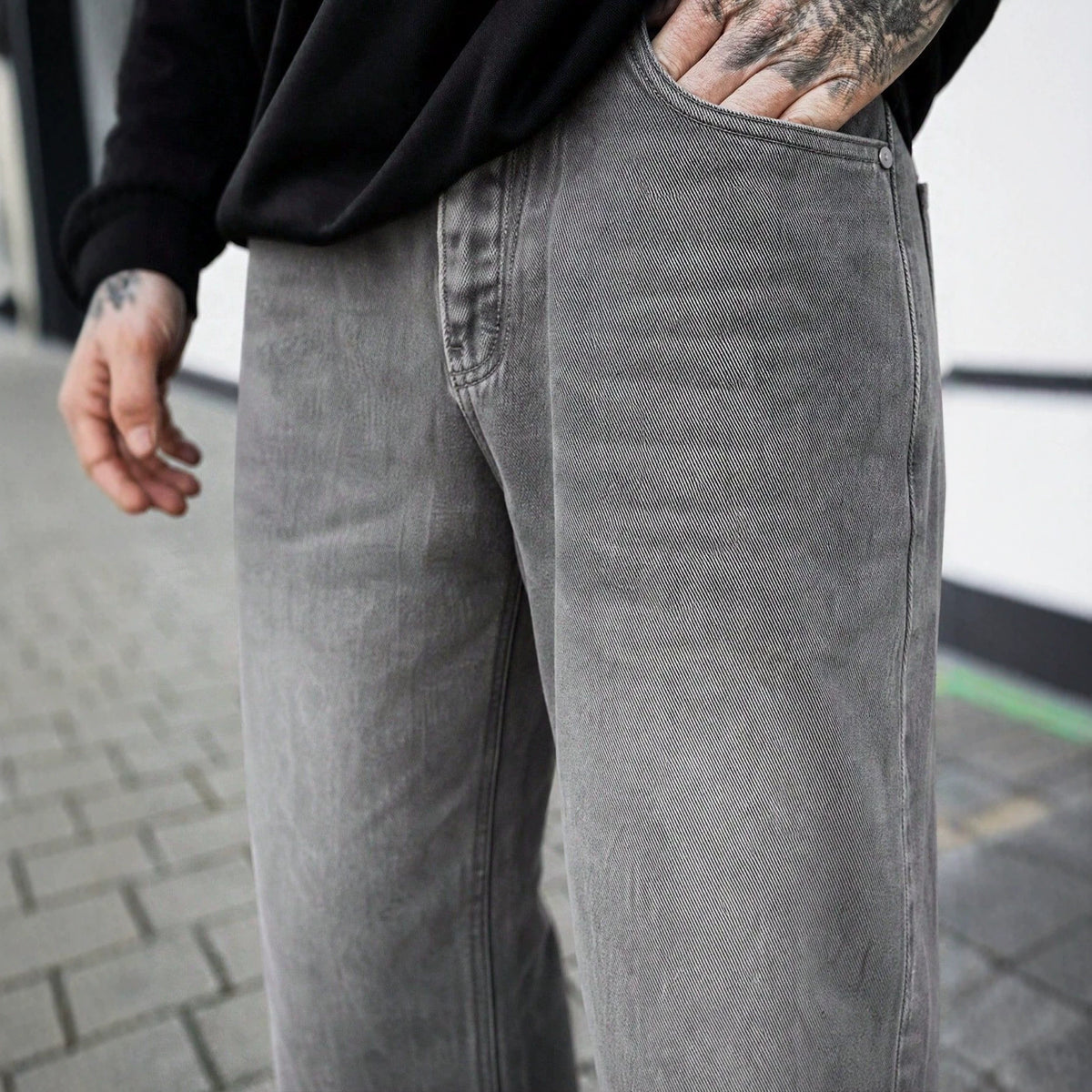 Distressed Grey Straight-Leg Jeans