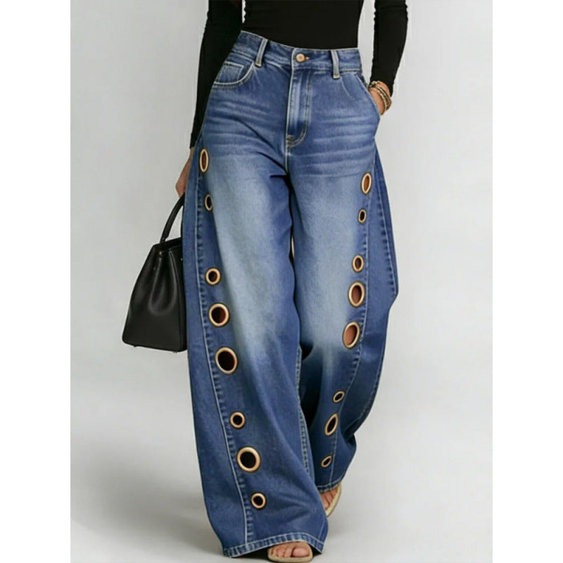 High-Waisted Eyelet Wide-Leg Jeans