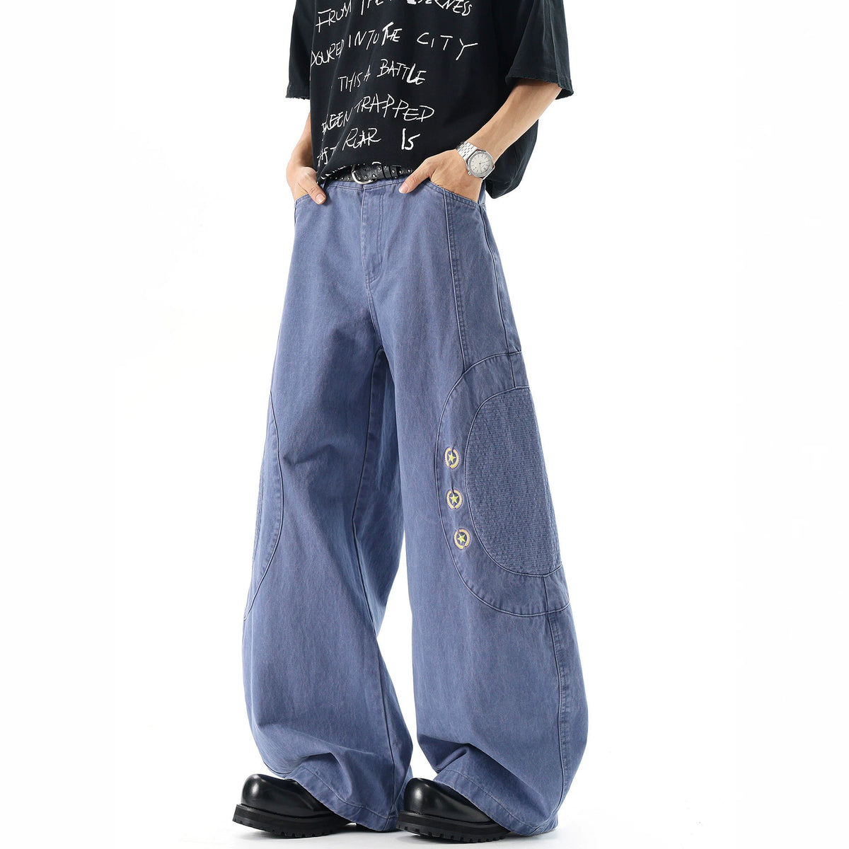 Weite Herrenjeans mit Sternen-Patchwork