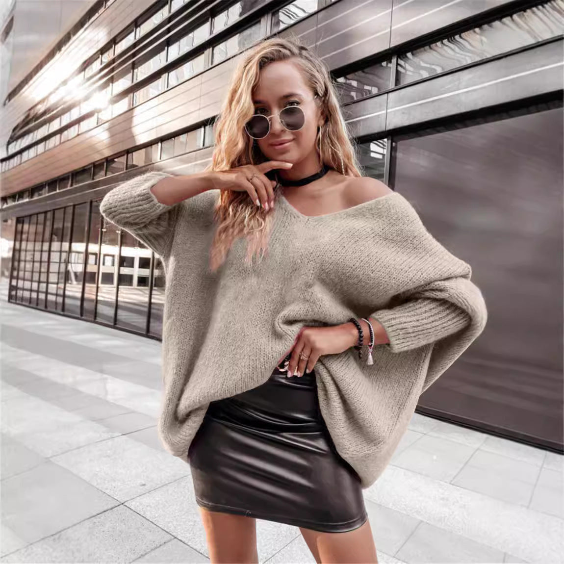 Off-Shoulder Bat-Sleeve Knit Sweater