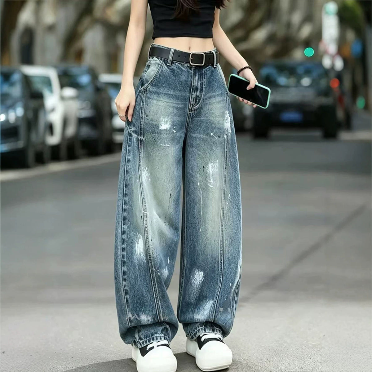 Graffiti-Print Wide-Leg Jeans