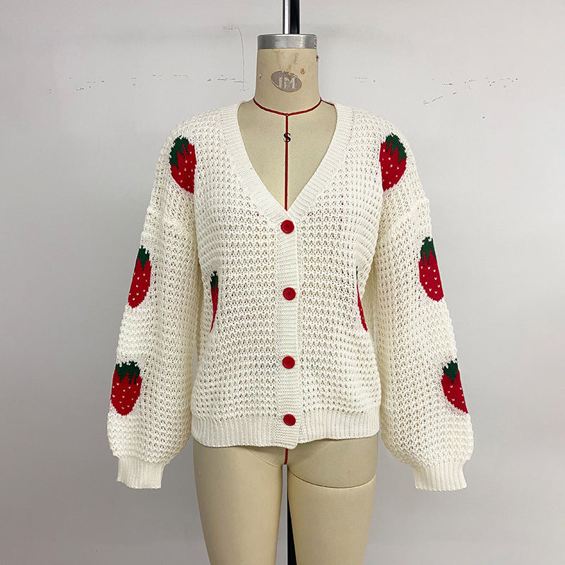 Strawberry-Jacquard V-Neck Cardigan