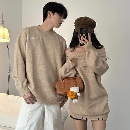 Casual Couple Outfits Autumn Winter Cozy Style Unique Design Women's One-Shoulder Sleeveless Knit Dress Men's Sweater