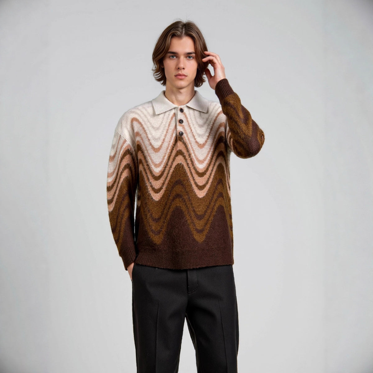 Wave-Pattern Contrast Sweater