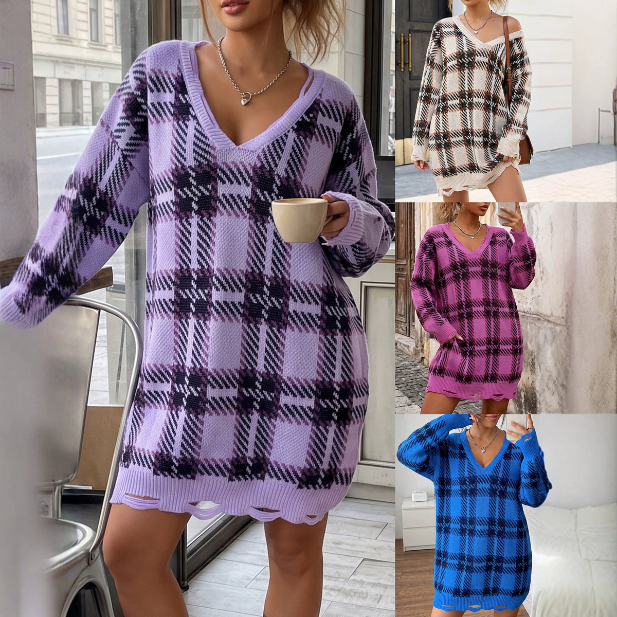Lockeres Karo-Strickkleid im Colorblock-Design