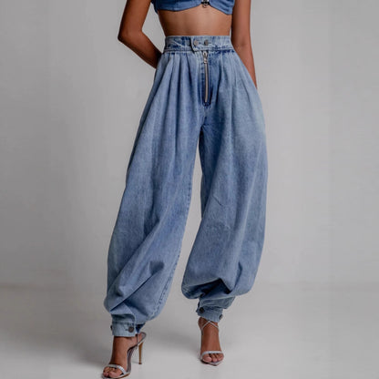 Jean taille haute avec liens aux jambes