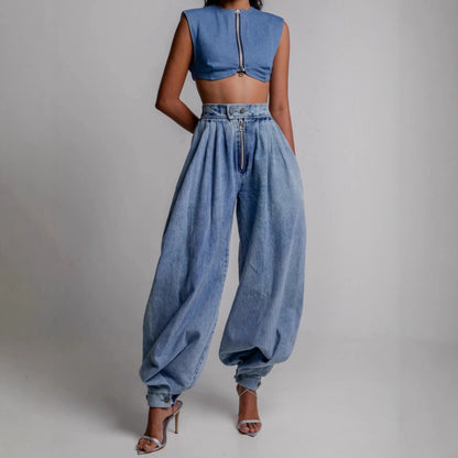 Jean taille haute avec liens aux jambes