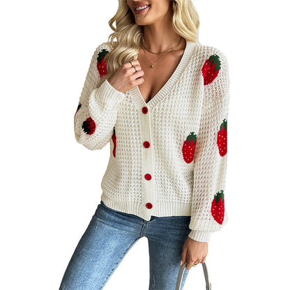 Strawberry-Jacquard V-Neck Cardigan