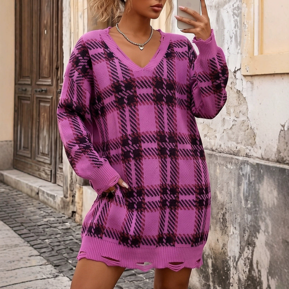 Lockeres Karo-Strickkleid im Colorblock-Design