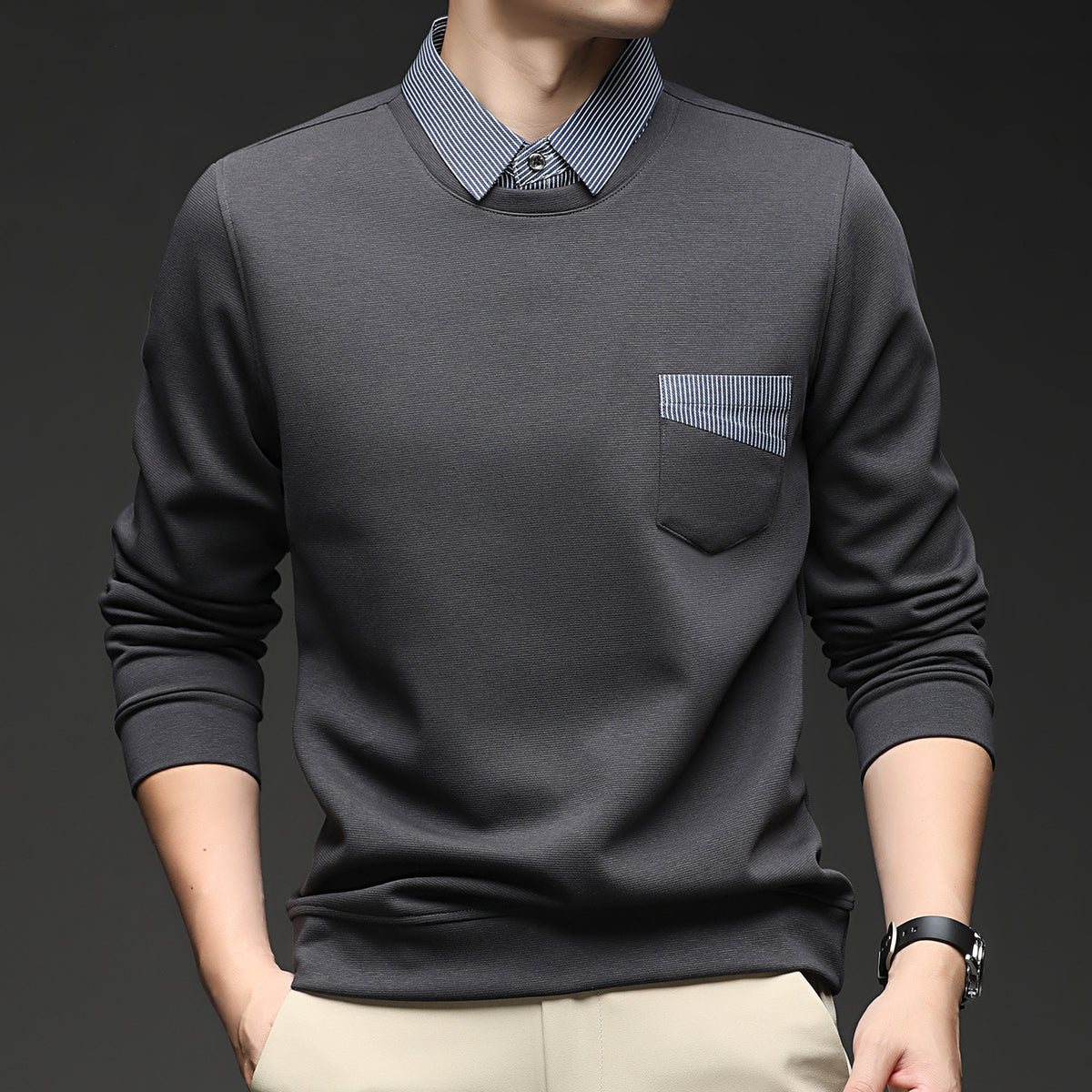 Faux-Layer Collared Sweatshirt