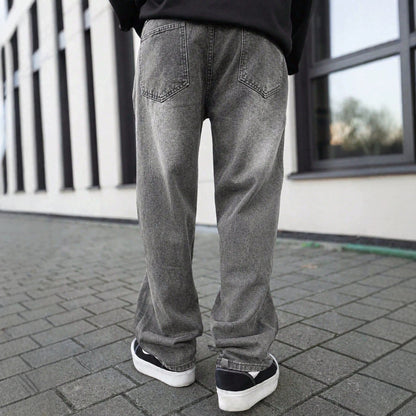 Distressed Grey Straight-Leg Jeans