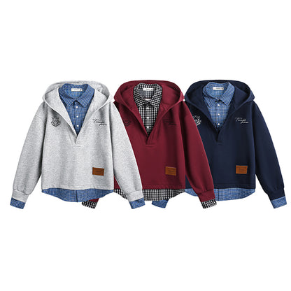Appliqué Plaid Hooded Sweatshirt