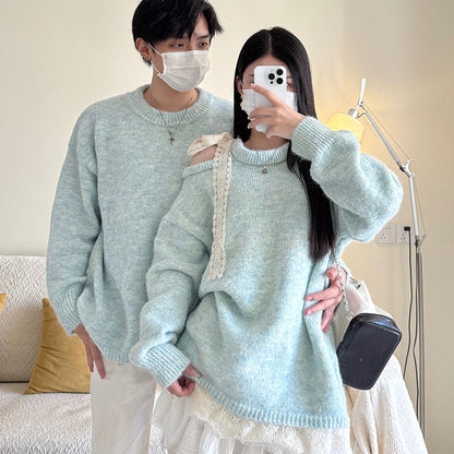Couple Outfits Autumn New Korean Version Lazy Knitwear Off-Shoulder Long Sleeve Women's Top Men's Round Neck Pullover Sweater
