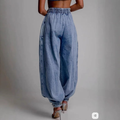 Jean taille haute avec liens aux jambes