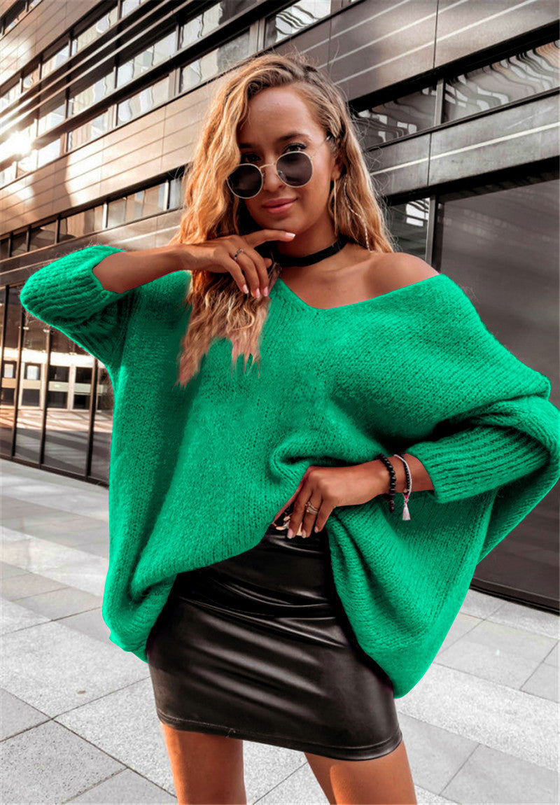 Off-Shoulder Bat-Sleeve Knit Sweater