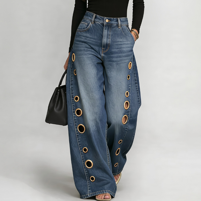 Jeans a gamba larga a vita alta con occhielli