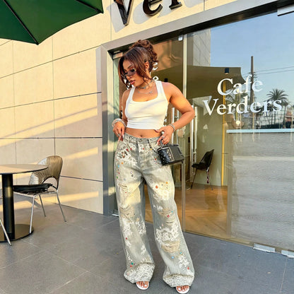 Lace-Detail Printed Jeans