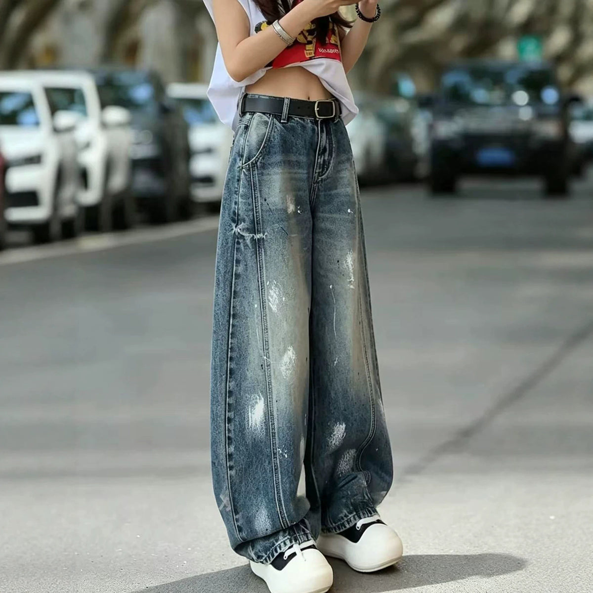 Graffiti-Print Wide-Leg Jeans