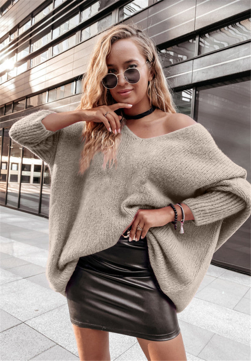 Off-Shoulder Bat-Sleeve Knit Sweater