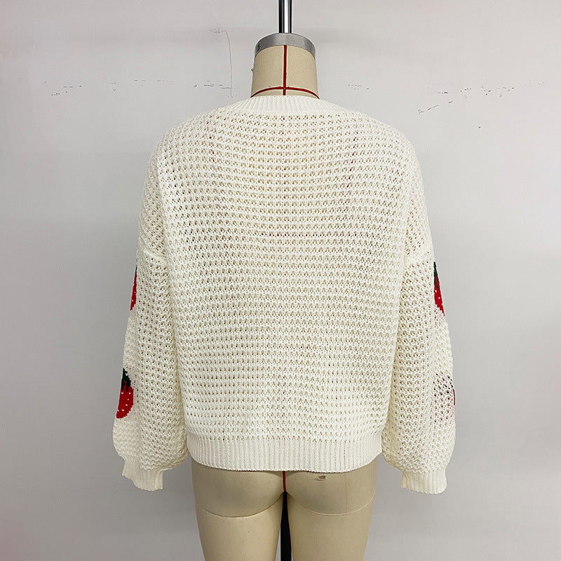 Strawberry-Jacquard V-Neck Cardigan