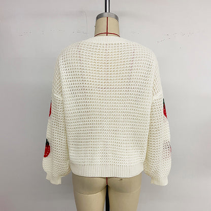 Strawberry-Jacquard V-Neck Cardigan