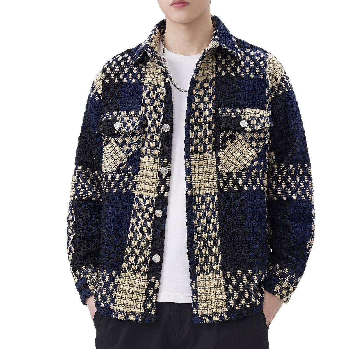 Chemise homme en maille à carreaux boutonnée