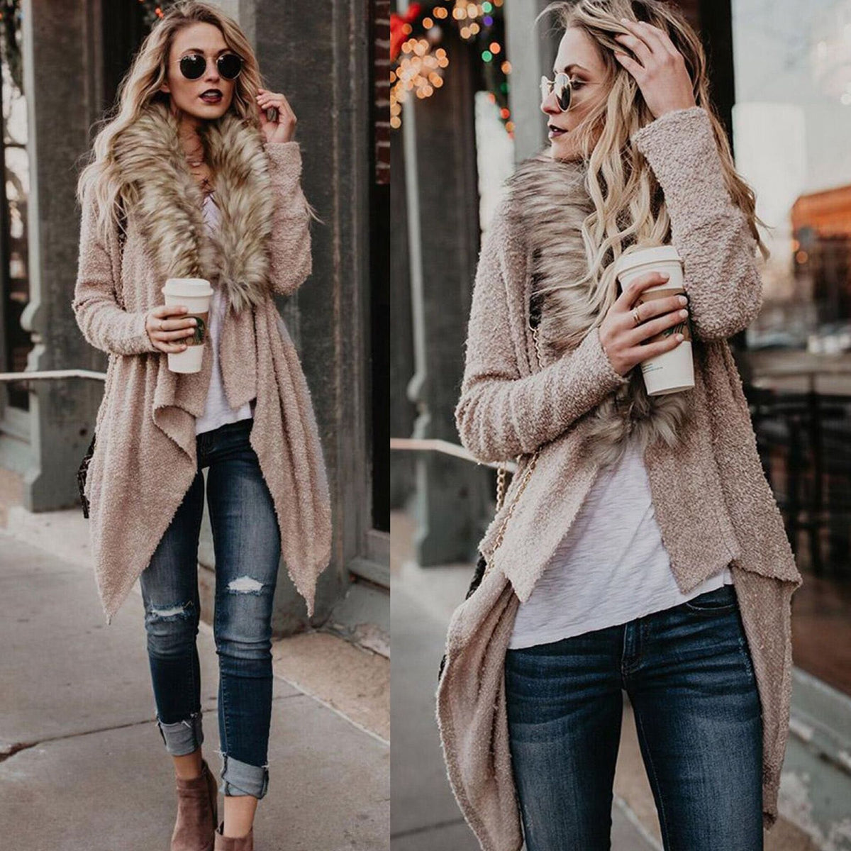 Big-Collar Plush-Lined Cardigan Coat