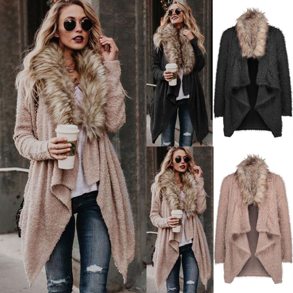 Big-Collar Plush-Lined Cardigan Coat